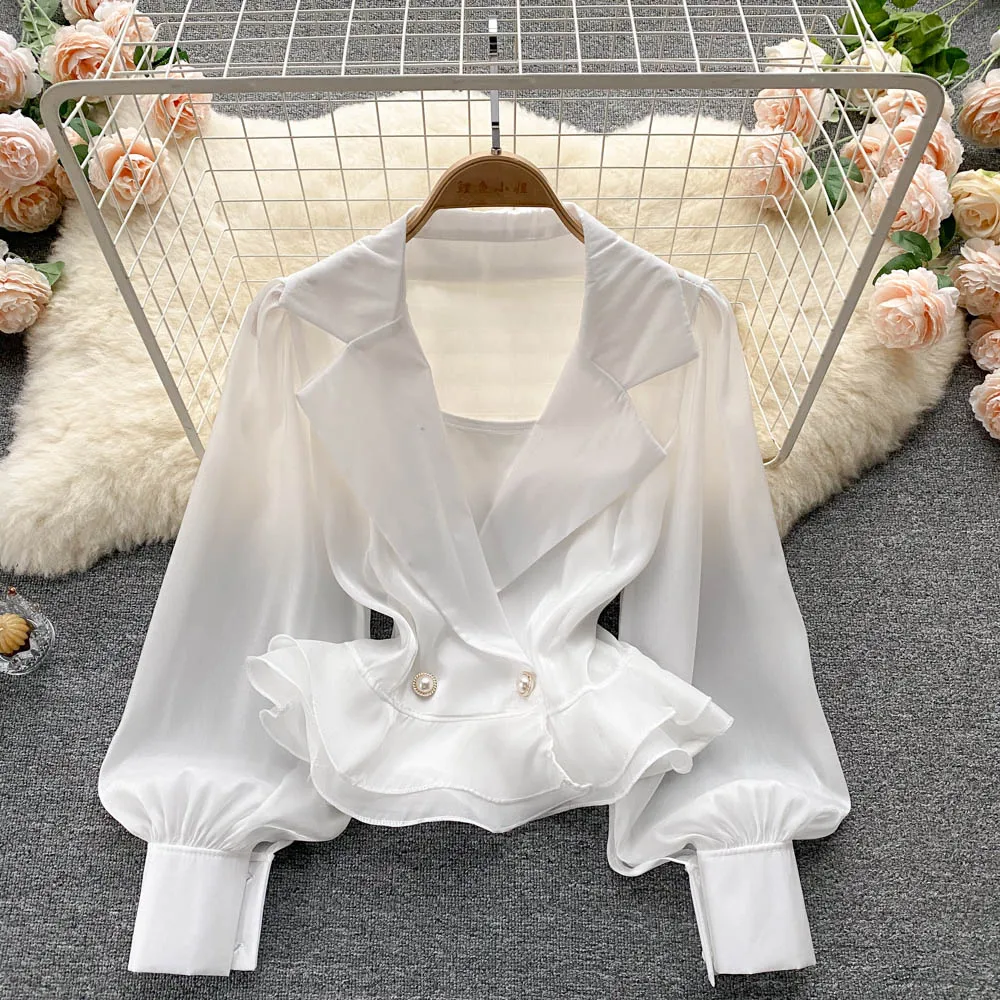 

B711 Women New Fashion Autumn Suit Collar Shirt Long Sleeve Short Tops White Black Korean Clothings Blusas De Mujer Blouse
