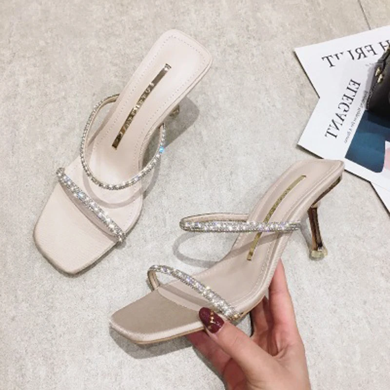 

Summer 2020 New Woman's Summer High Heel Slippers Open Toe Outdoor Sandals Rhinestones Fashion Sexy Solid Color Plus Size