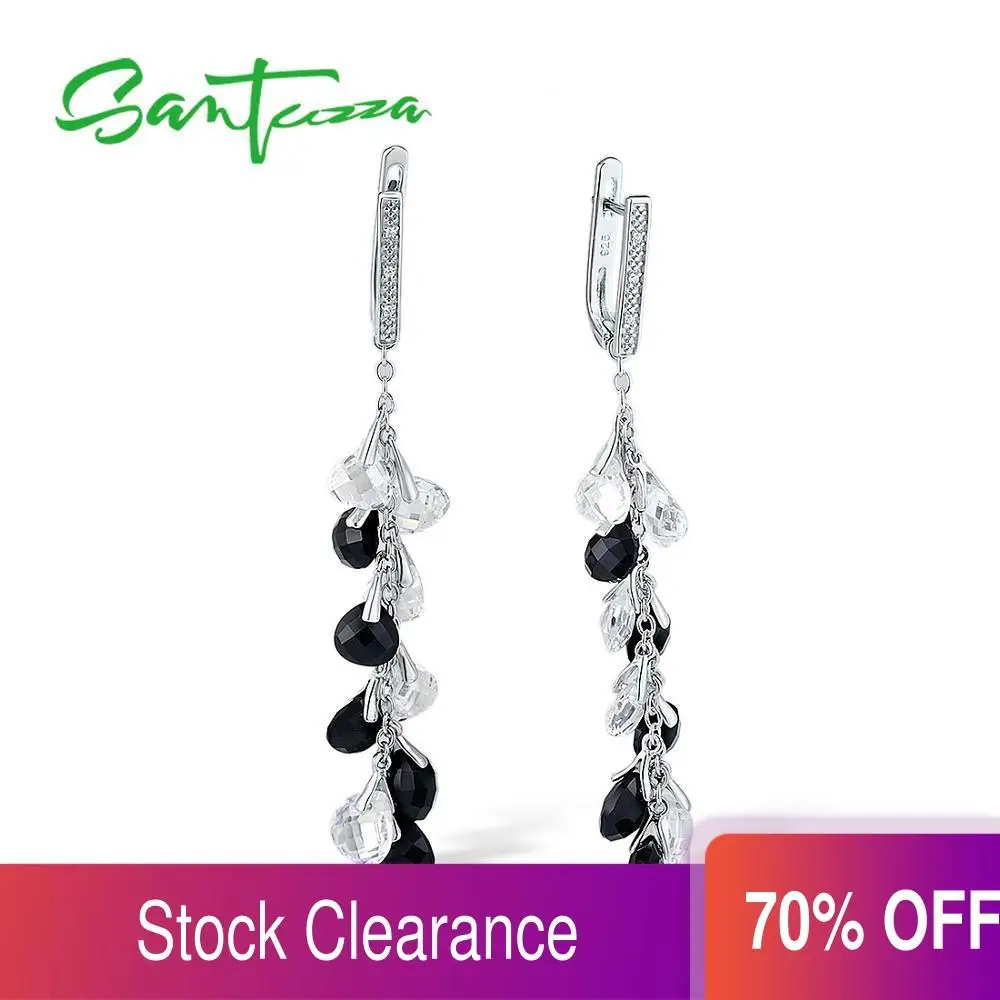 Женские длинные серьги подвески SANTUZZA из серебра 925 пробы с черным ониксом и белым