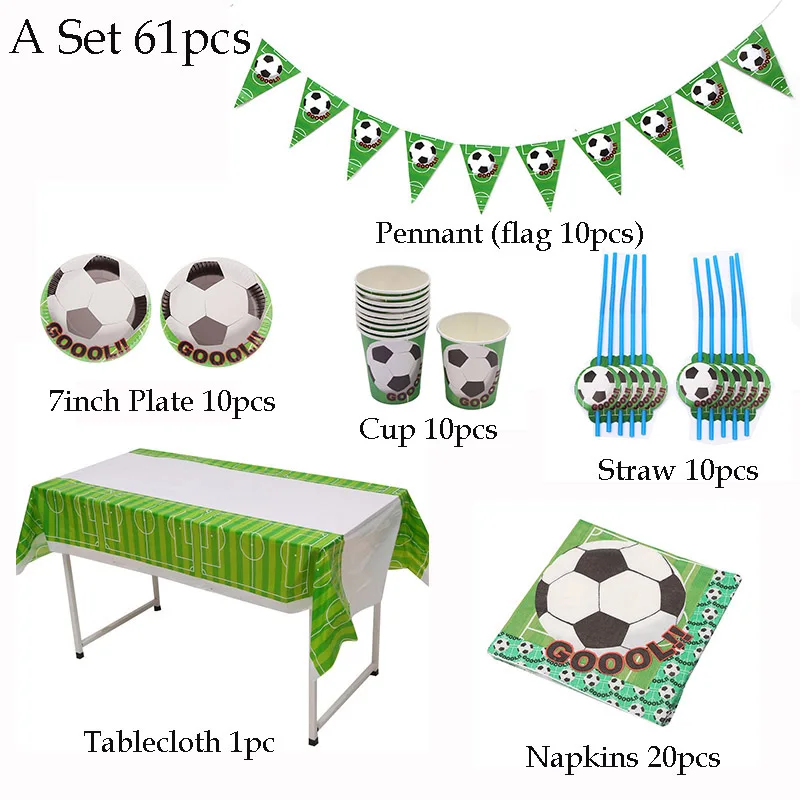 

61pcs/lot Football theme birthday party tableware set Napkin Cups Tablecloth Flag straw Kids Favor Soccer Boys Party Decoration