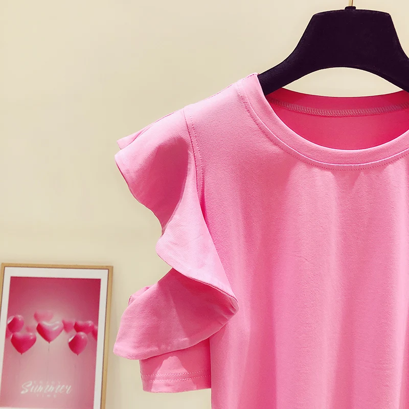 

Women's Casual Tshirts Slimming Pink Top 2021 Summer New T Shirt Ruffled Strapless Round Neck Short-Sleeved Female T-shirt