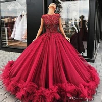 burgundy princess prom formal dresses 2020 puffy floral lace beaded design lace tutu full length ball gown evening dress gowns