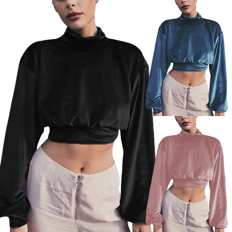 

Autumn New Designed Long Sleeve Pullover Short Solid Color Lapel Top High Neck Velvet Loose Short Sweater GBHTYW1