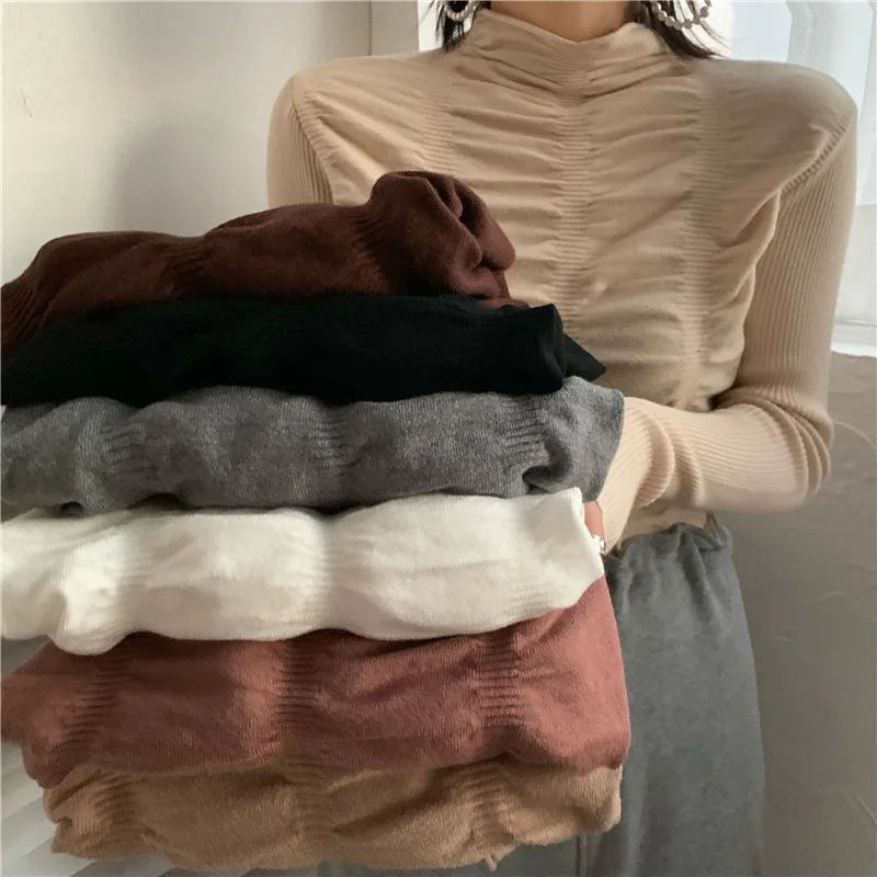 

2020 New Long Sleeve Knitted Sweaters Jumpers Women Ladies High Elastic Pullovers Slim Tops Autumn Winter Basic Sweater