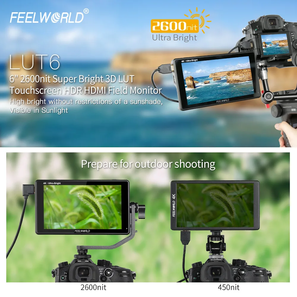 Фото 7-дюймовый монитор FEELWORLD с сенсорным экраном, монитор 6 дюймов 2600 нит HDR/3D LUT DSLR камера с волнообразным векторским гистограммой 4K HDMI №2