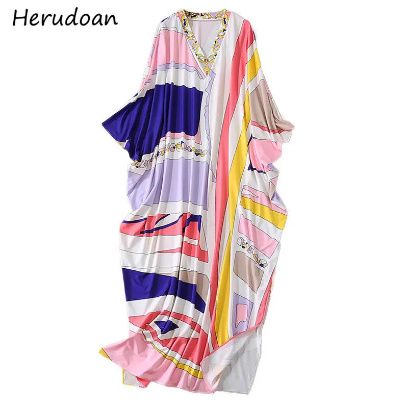 

Herudoan Autumn Runway Bohemian Loose Long Dress Women Batwing Sleeve Printed Female Elegant Party Dress Robe Gowns