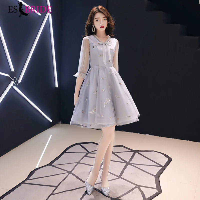 Элегантные коктейльные платья с вышивкой ES3261 ТРАПЕЦИЕВИДНОЕ короткое серое