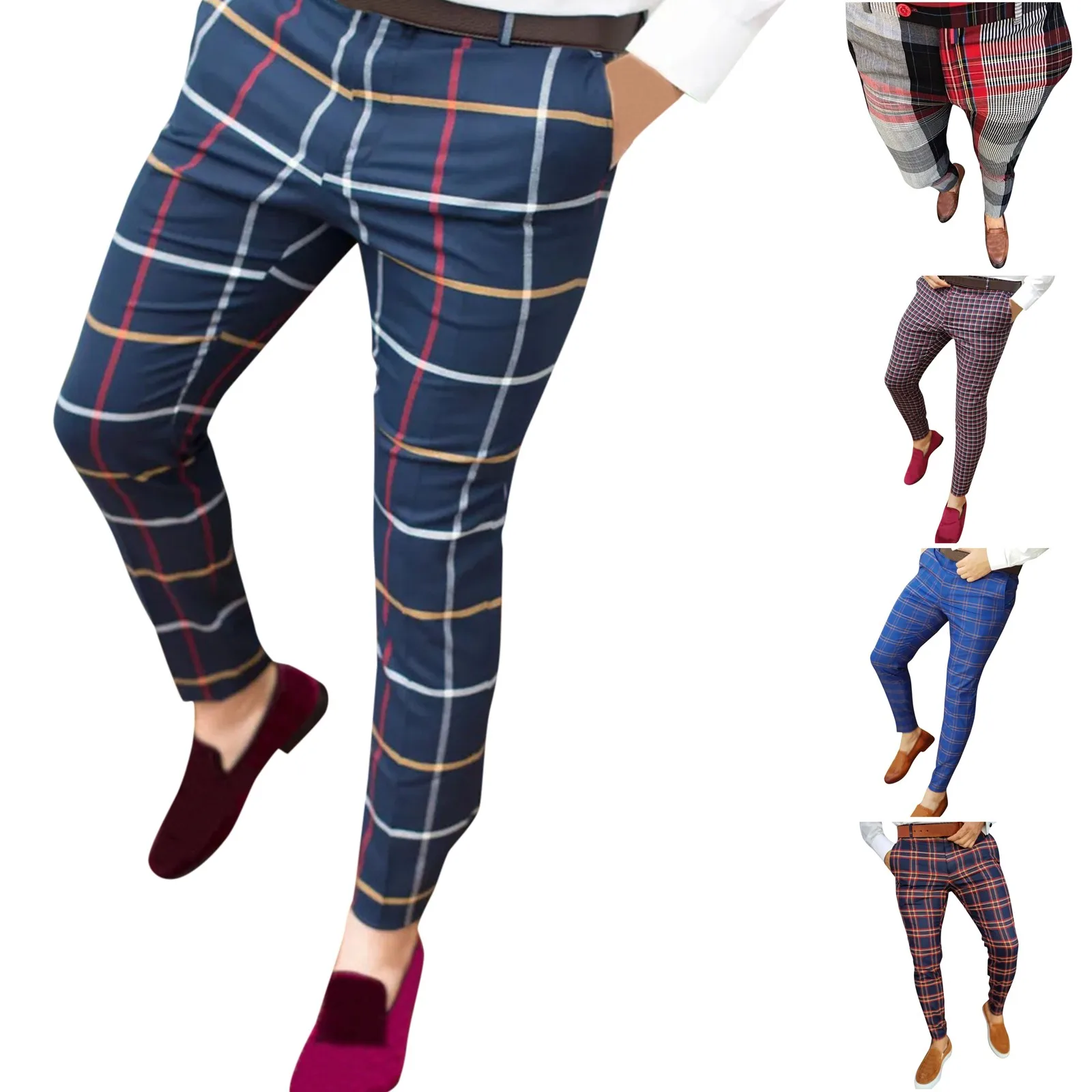 Брюки-Карандаш мужские в клетку повседневные зауженные на молнии с эластичным