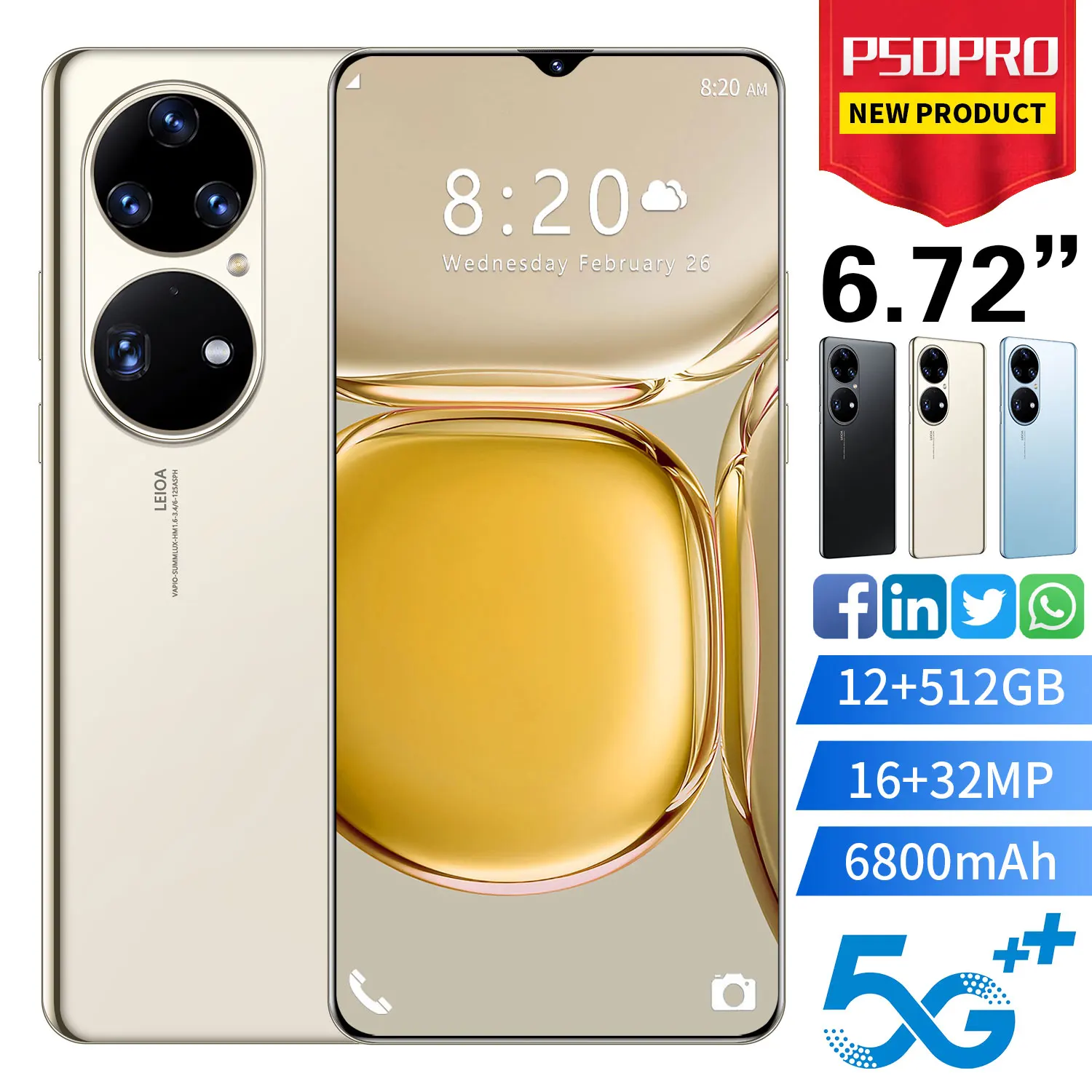 

P50 Pro Smart Phone 12+512GB 6.72 Inch Face Unlock Dual SIM+Micro SD Global Version 16+32MP 6800mAh 5G Mobile Phones MTK6889