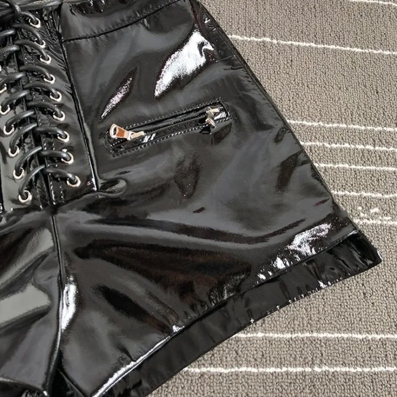 Streetwear Black Sheepskin Real Leather Shorts Women Punk Biker Shorts New Fashion High Waist Lace Up Wide Leg Shorts