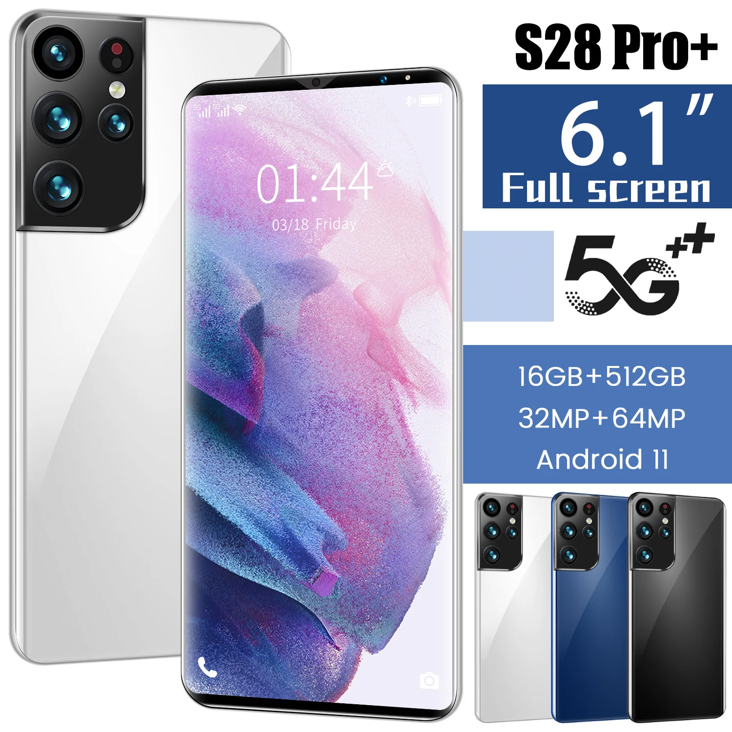 

New SmartPhone S28 Pro+ 6.1 inch Full Display 16GB +512GB 32MP+64MP Facial Recognition 5G Dual SIM GPS Mobile Phones Cellphone