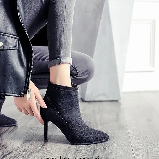 Женская обувь на высоком каблуке синие джинсовые ботинки тонком ботильоны Martin