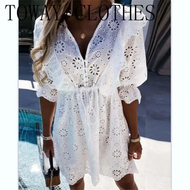 

Женское платье с коротким рукавом, V-образным вырезом и вышивкой