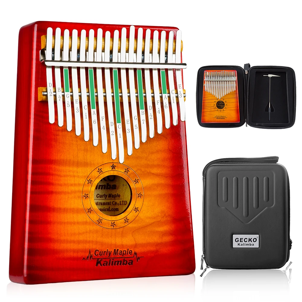GECKO Kalimba 17 Keys CURLY MAPLE Thumb Piano and EVA High Performance Protection Box, Tuning Hammer, musical instrument MC-S