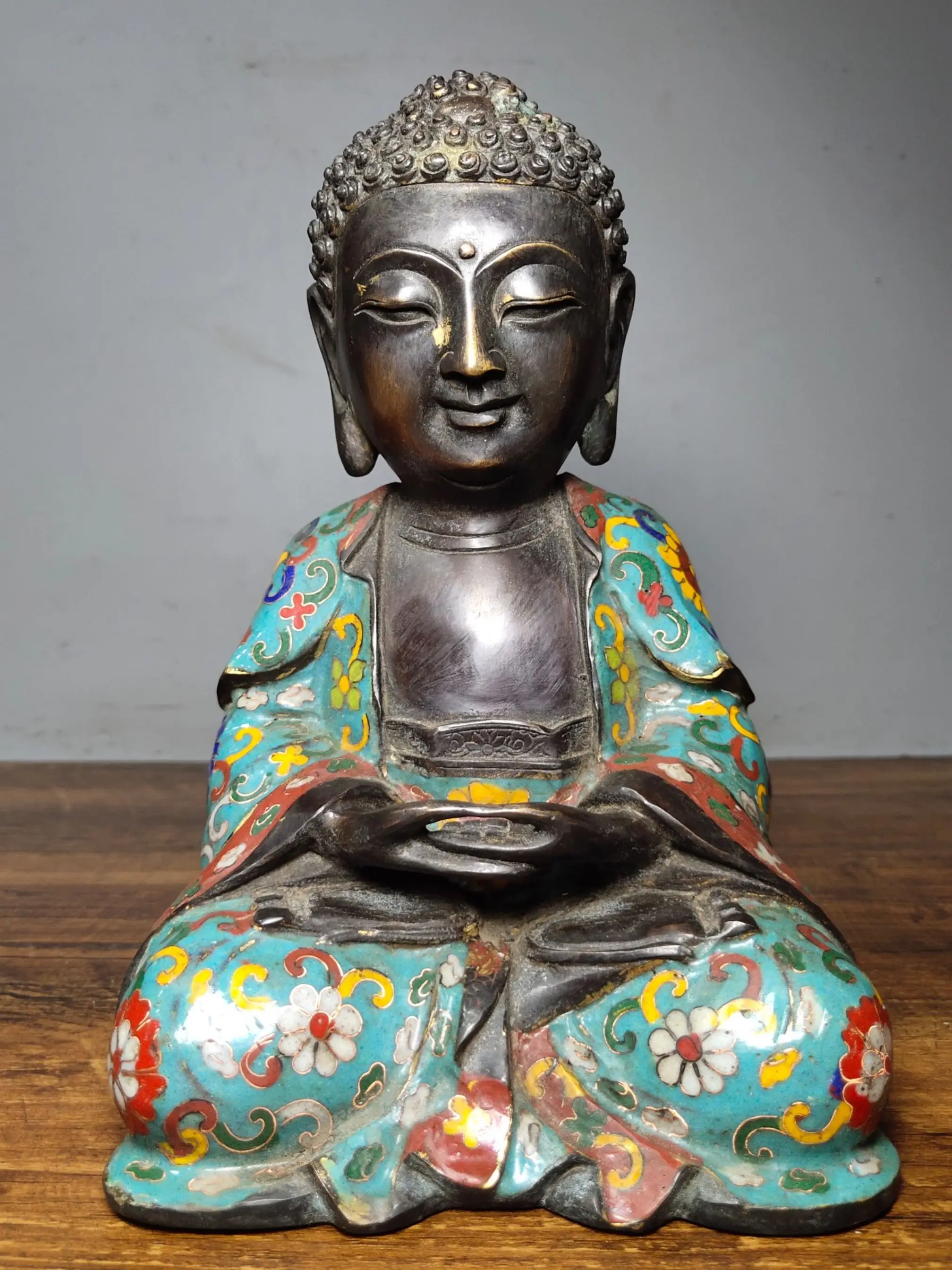 

Home Decor 9" Tibet Buddhism Old bronze Cloisonne Enamel Baby buddha Shakyamuni Buddha Amitabha Enshrine the Buddha