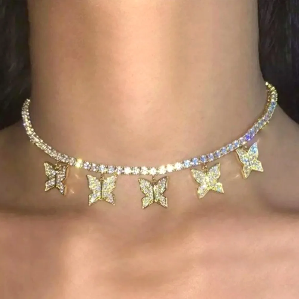 

Flatfoosie 2021 New Crystal Butterfly Pendant Necklace For Women Bling Rhinestone Tennis Clavicle Chain Necklace Fashion Jewelry