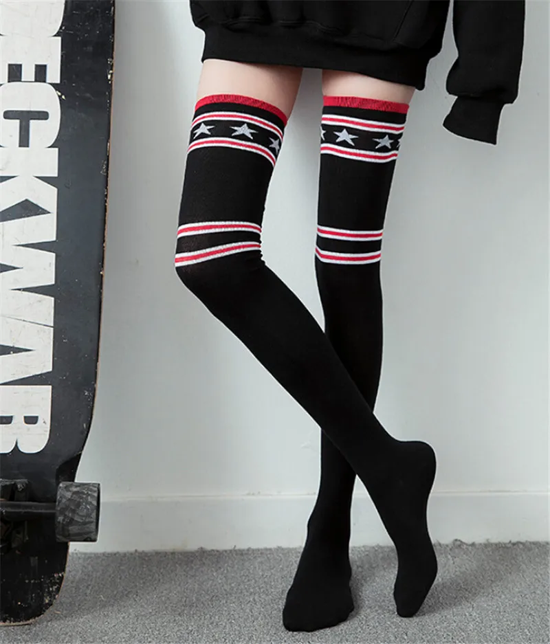 Women Girls Socks Japan South Korea Stockings Cotton Thigh High Over Knee Striped Print Long | Женская одежда