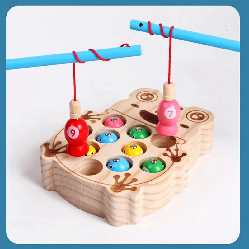 

Magnetic Fishing Games Frog Base Baby Wooden Toys Kindergarten Supplies Educational Fishing Toys for Children