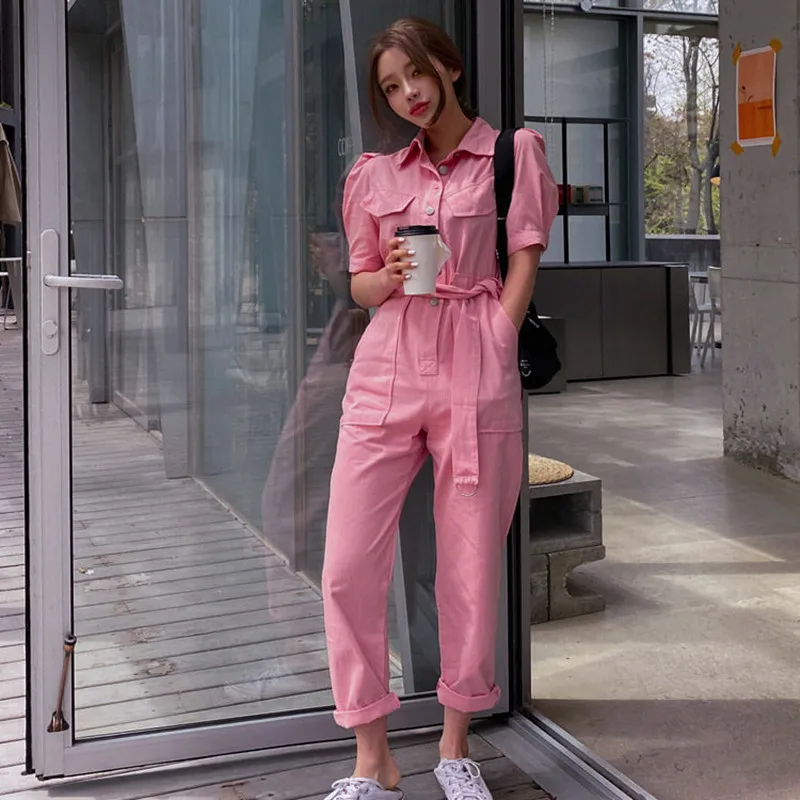 

SMTHMA 2022 New Summer Short sleeve Jumpsuits Women High Waist Jumpsuit Overalls For Women pink and white Lady Rompers Overalls