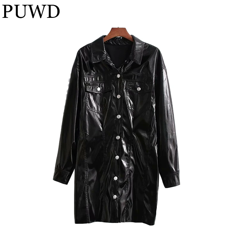 

PUWD Retro Women Faux Leather Shiny Long Sleeve Dress 2021Autumn Winter Casual Street Cool Dress Metal Buttons Slim Female Skirt