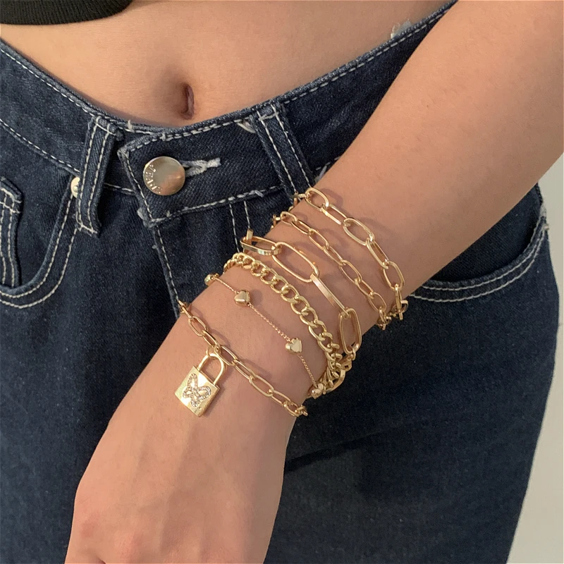 

Trendy Lover Lock Pendant Bracelet For Women Punk Gold Color Multilayer Chain Bracelets Jewelry Heart Accessories