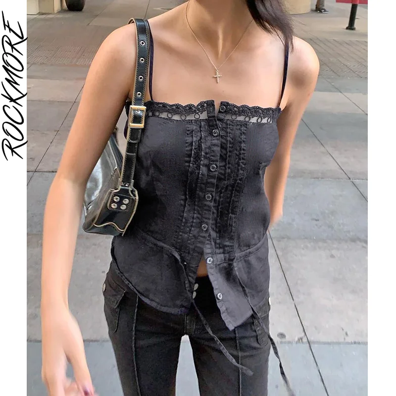 

Rockmore Streetwear Crop Tops Women Lace Frill Button Up Tank Top Backless Corset Bustiers Tees Clubwear Party Camis Outfits New