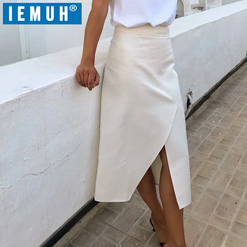 IEMUH Повседневная бежевая Однотонная юбка миди с разрезом Женская длинная высокой