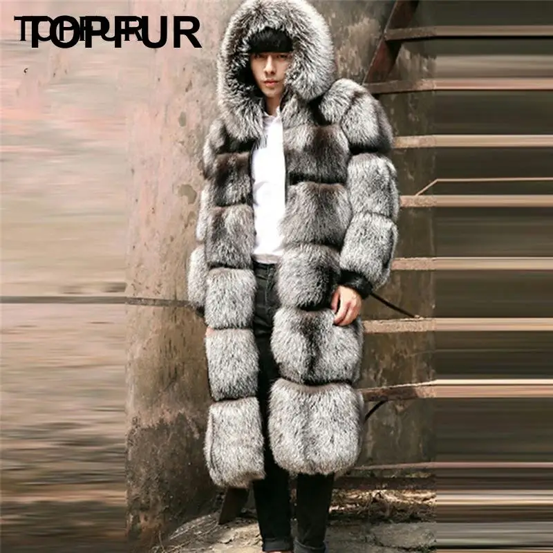 TOPFUR, новинка, натуральный мех, толстое теплое пальто для мужчин, роскошный стиль, зимняя куртка из натурального меха серебристой лисы с меховым капюшоном для мужчин