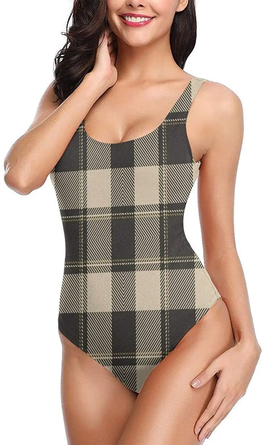 

Женский слитный купальник 2021 пикантные купальники для девочек-подростков с контролем живота в клетку буйвола коричневый деревенский Рожде...