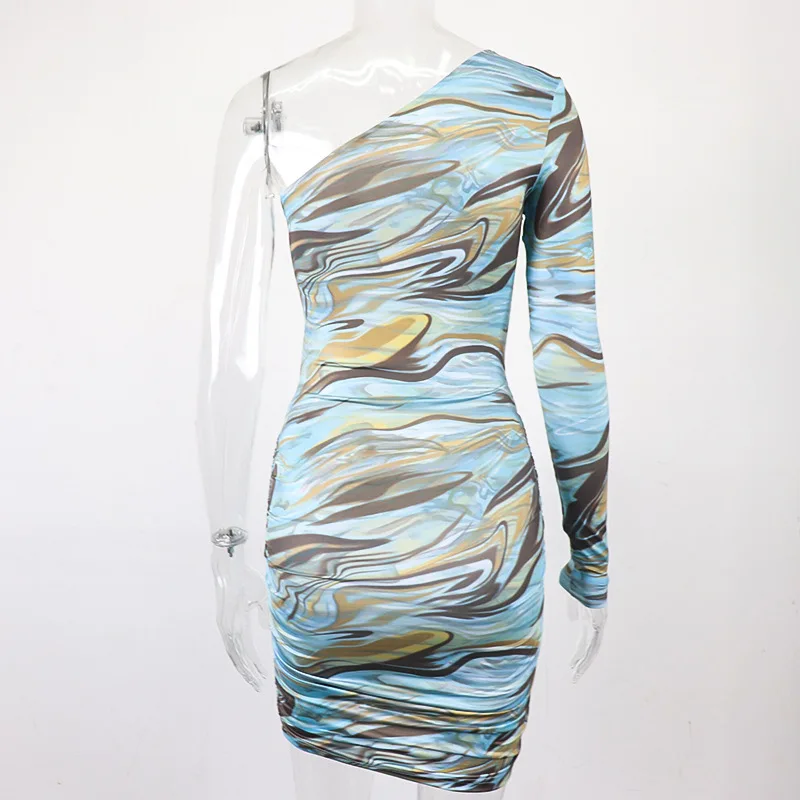 

Vintage Print Bodycon Sexy Summer Women's Dress 2021 Party Cocktail Dresses for Women One Shoulder Long Sleeve Cut Out Mini Robe