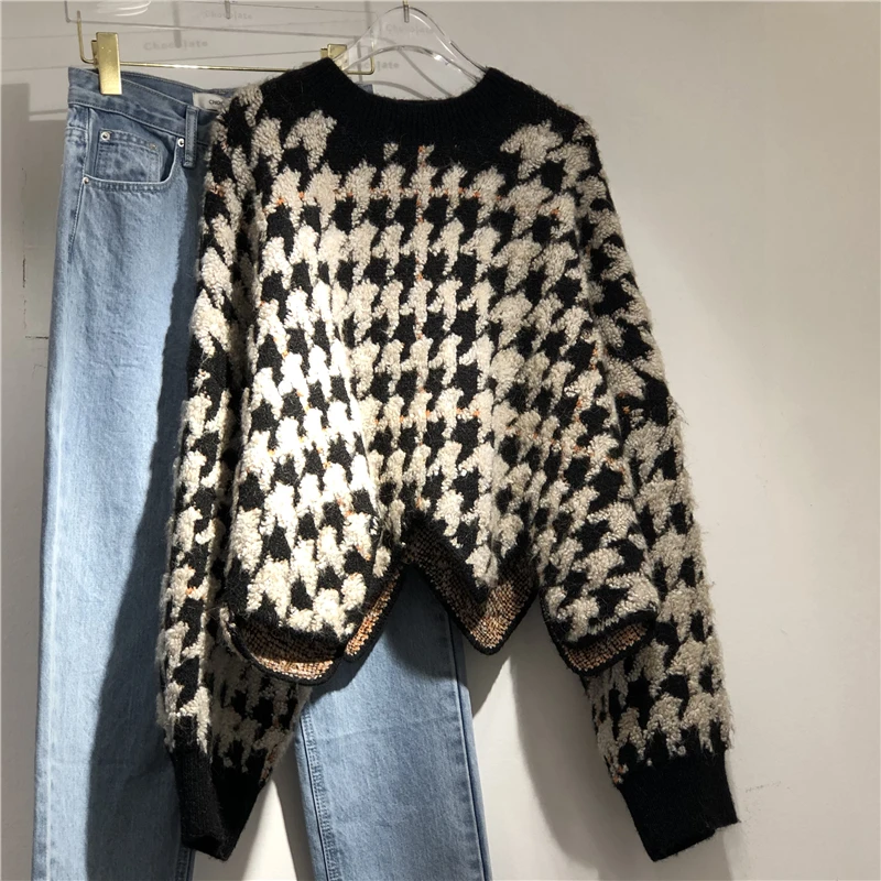 

Womens Knit Sweaters Korea 2019 Winter New Loose Plaid Round Neck Wave Hem Irregular Thickened Knitting Top Sweater Women