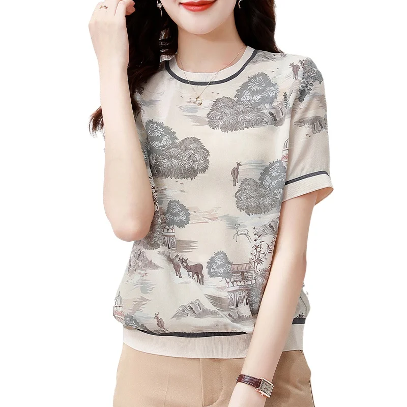 

Silk Top Women's Short-sleeved Retro Printed T-shirt 2021 Summer New Temperament Ribbed Half-sleeved Mulberry Silk T-shirt