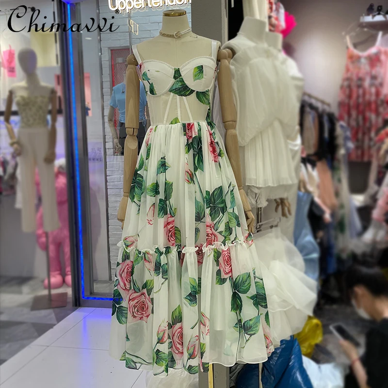 

2021 Summer Women New Elegant Sleeveless Thin Strap Square Collar Long Dress High Waist Slimming Large Hem Dress