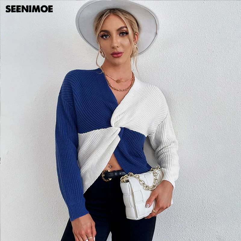 

SEENIMOE Women Irregular Kinks Pullovers Patchwork Navel Exposed Autumn Women Casual Sweater Long Sleeve Femme Loose Knitwear