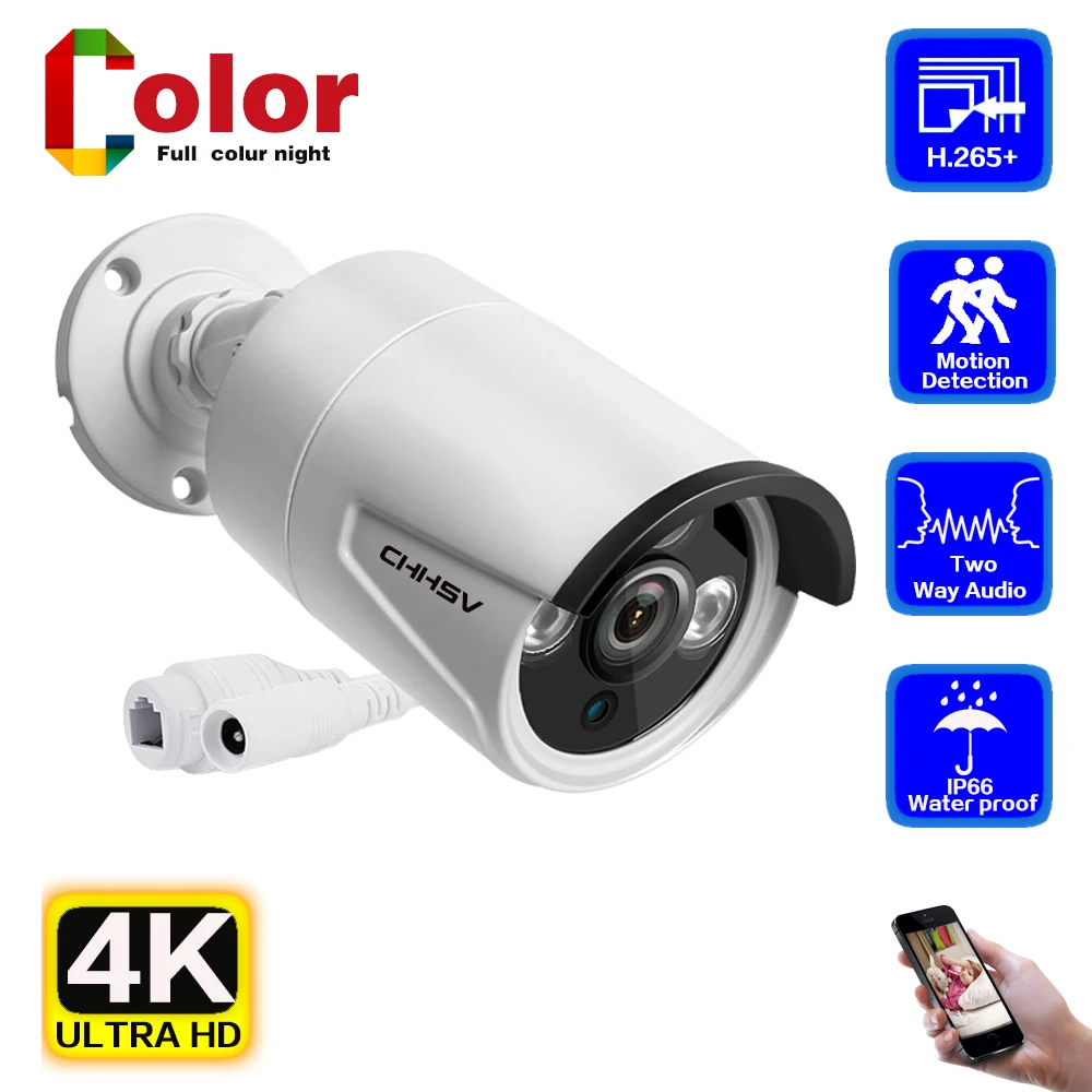 

IP Camera 4K 8MP Surveillance POE Onvif H265 Audio Bullet Full Color HD Night Vision 48V AI Detection CCTV Video Security