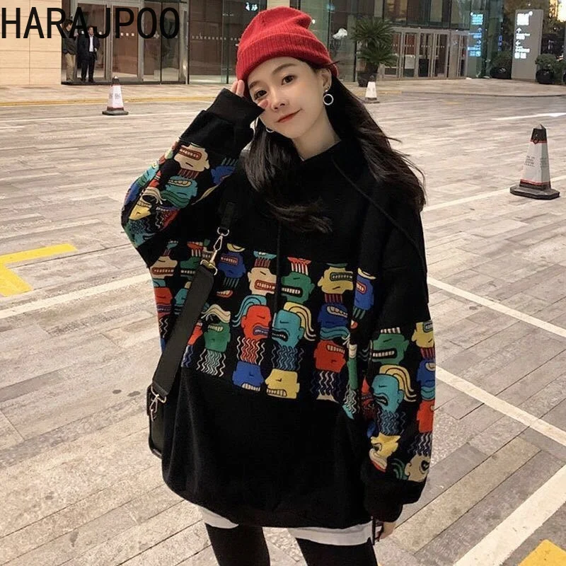 

Harajpoo Hooded Women Harajuku Printed Black Autumn Winter Plus Velvet Thickening New Ins Long Sleeve Student Mid Length Tops