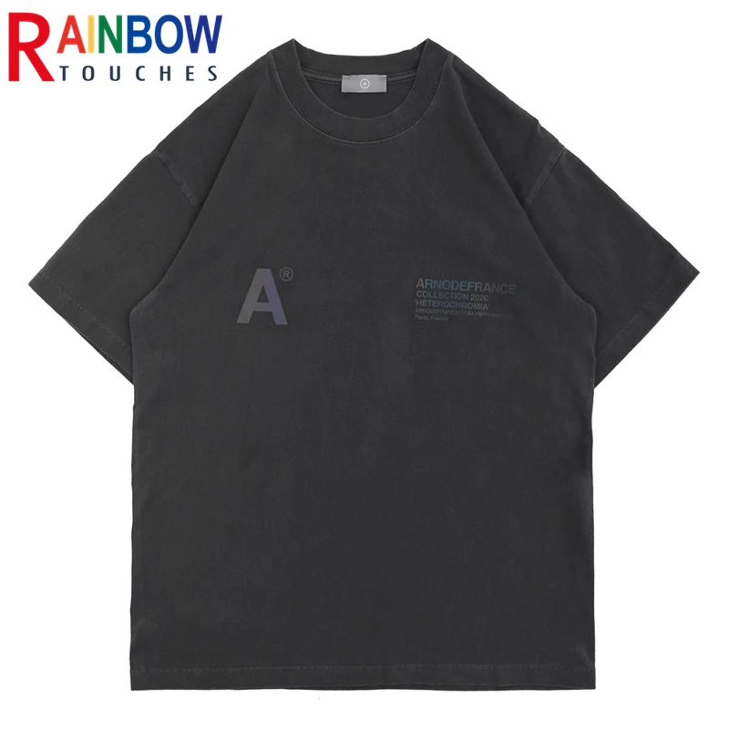 

Rainbowtouches 2021 New T-shirt Men Street Fashion Brand Used Washed Letter Print Loose Short Sleeve Unisex Superior Quality