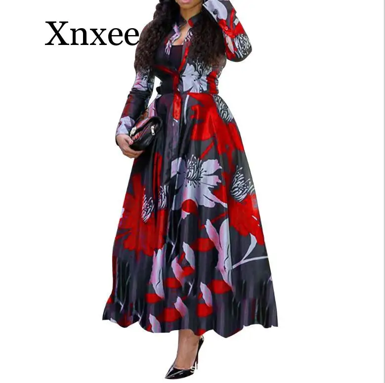 

L~5XL Floral Floor Length Women Party Dress Plus Size Stand Collar Long Sleeves Women Maxi Dress Plus Size Long Vestidos Robe