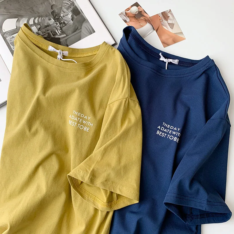 

Summer Letter Print T-shirt Women Boyfriend Style O-neck Short Sleeve Cotton Pullover Female Yellow Blue Fashion Tops
