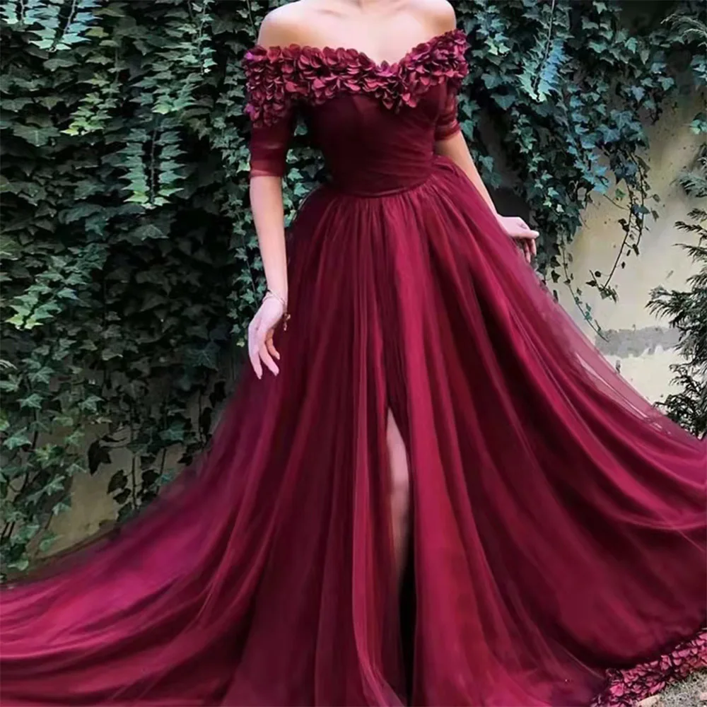 

Бордовое выпускное платье с цветами ручной работы, коктейльные платья с открытыми плечами и V-образным вырезом, тюлевые вечерние платья для ...