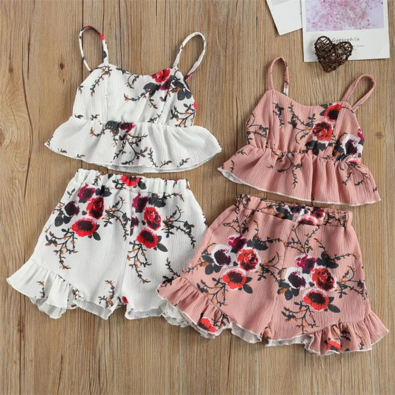

2Pcs Toddler Flower Print Outfits Girls Sleeveless Spaghetti Strap V-neck Tank Top Ruffle Shorts Summer Girls Outfit Set 2-7 Y