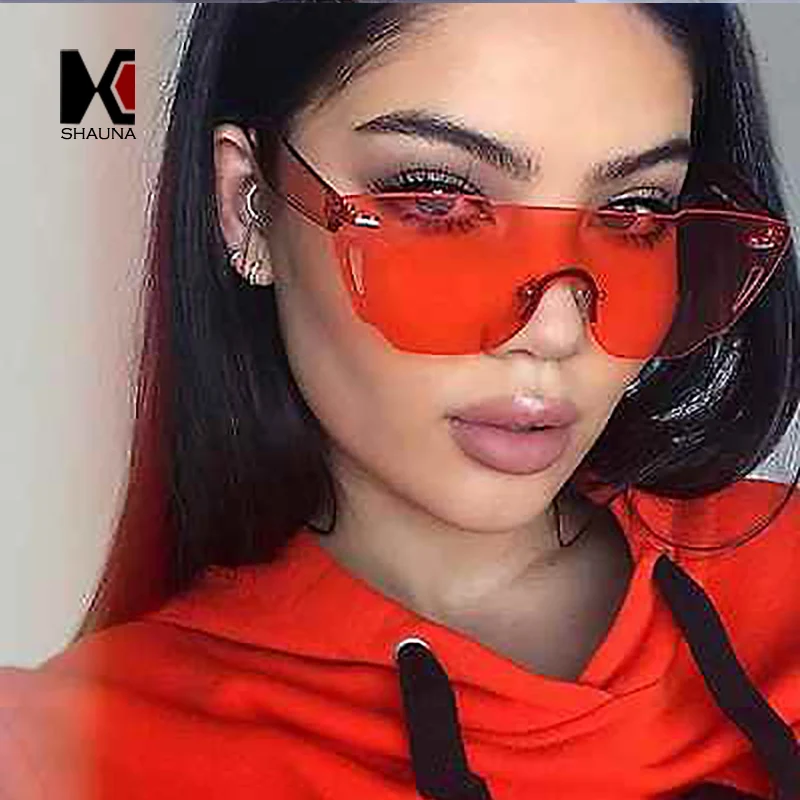 SHAUNA Newest Candy Color Integrated Lens Women Cateye Sunglasses Nail Decoration Men Rimless Pink Tint Glasses | Аксессуары для