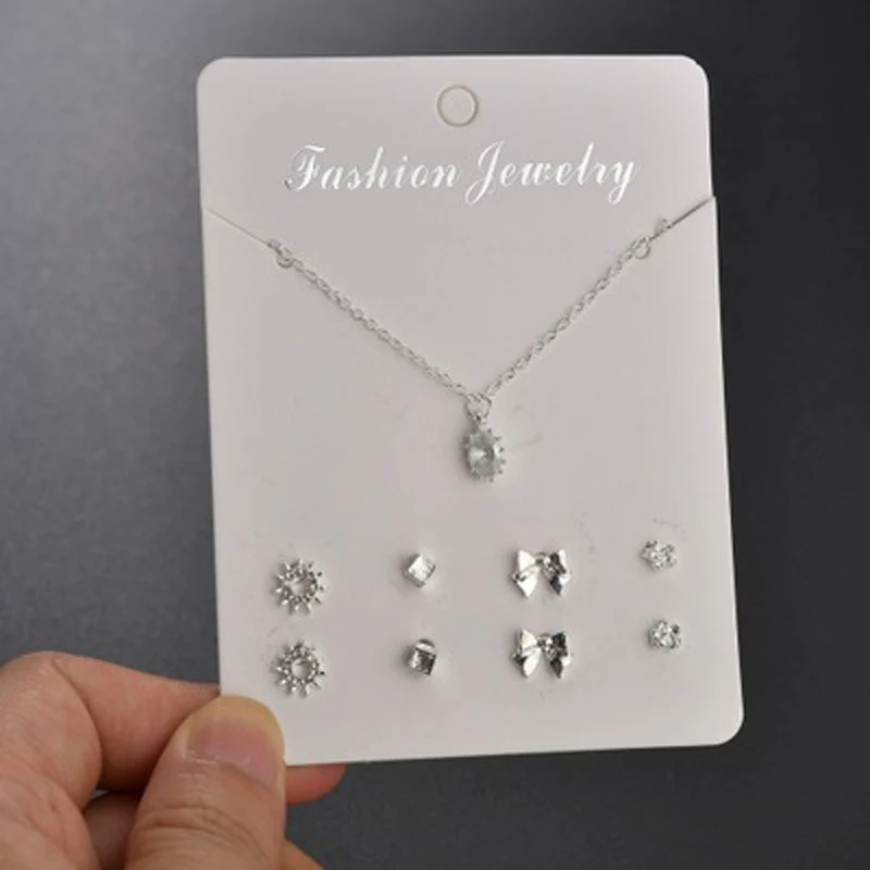 Fashion Mini Flower Faux Pearl Cross Heart Moon Pendant Jewelry for Women Exquisite Silver Color Necklace Ear Studs Set Gift | Украшения и