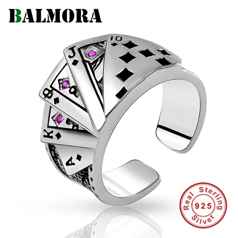 BALMORA 925 Sterling Silver Playing Cards Open Stacking Rings for Women Men Funny Cool Statement Fashion Jewelry Anillos 9.3g