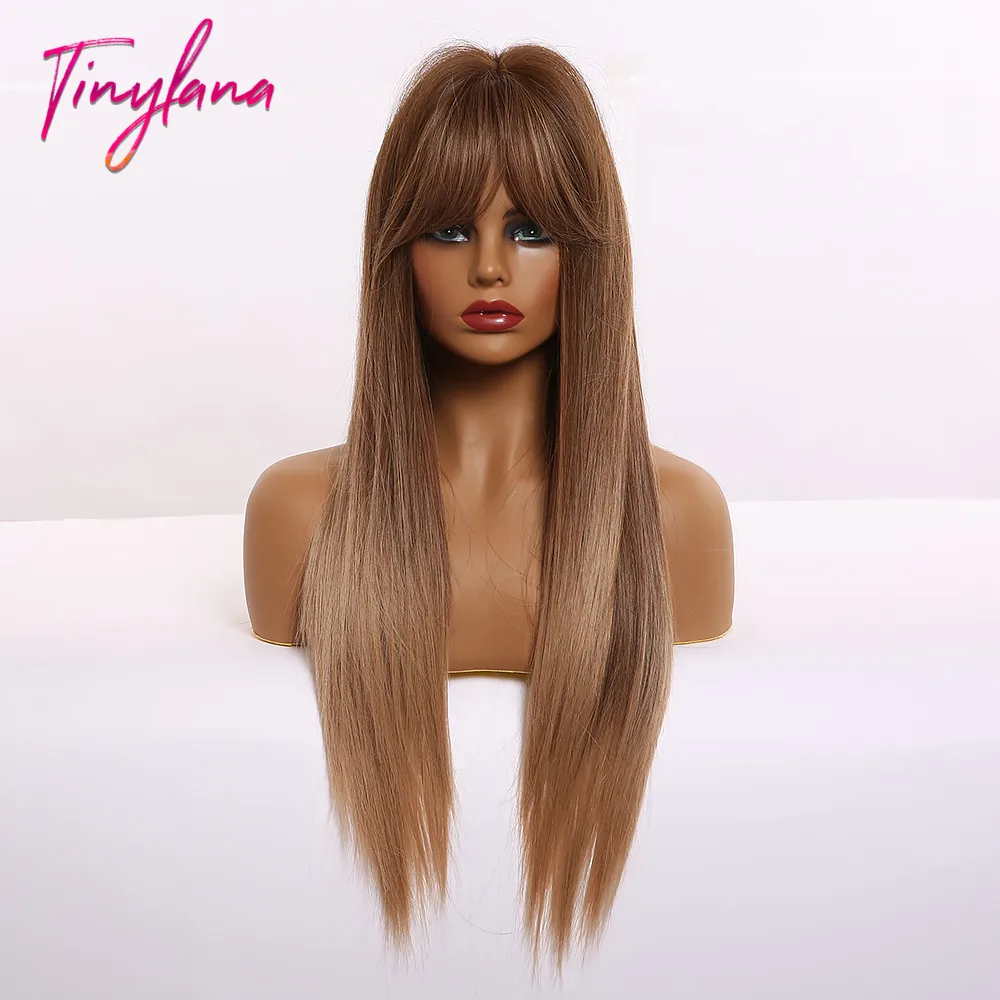 Маленькие натуральные длинные прямые волосы LANA с челкой коричневые блонд Омбре