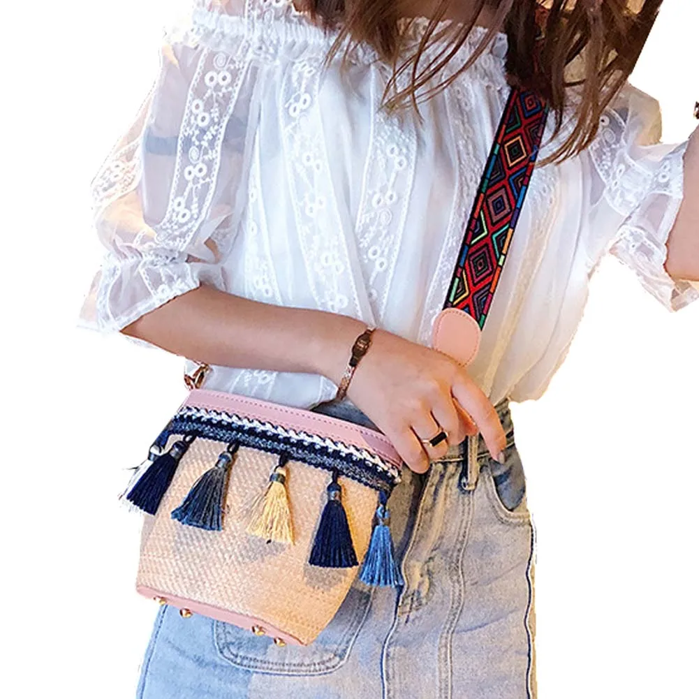 

2020 Women Summer Straw Bucket Bag Beach Bohemian Crossbody Bag Handbag with Tassel Wide Strap Shoulder Bag