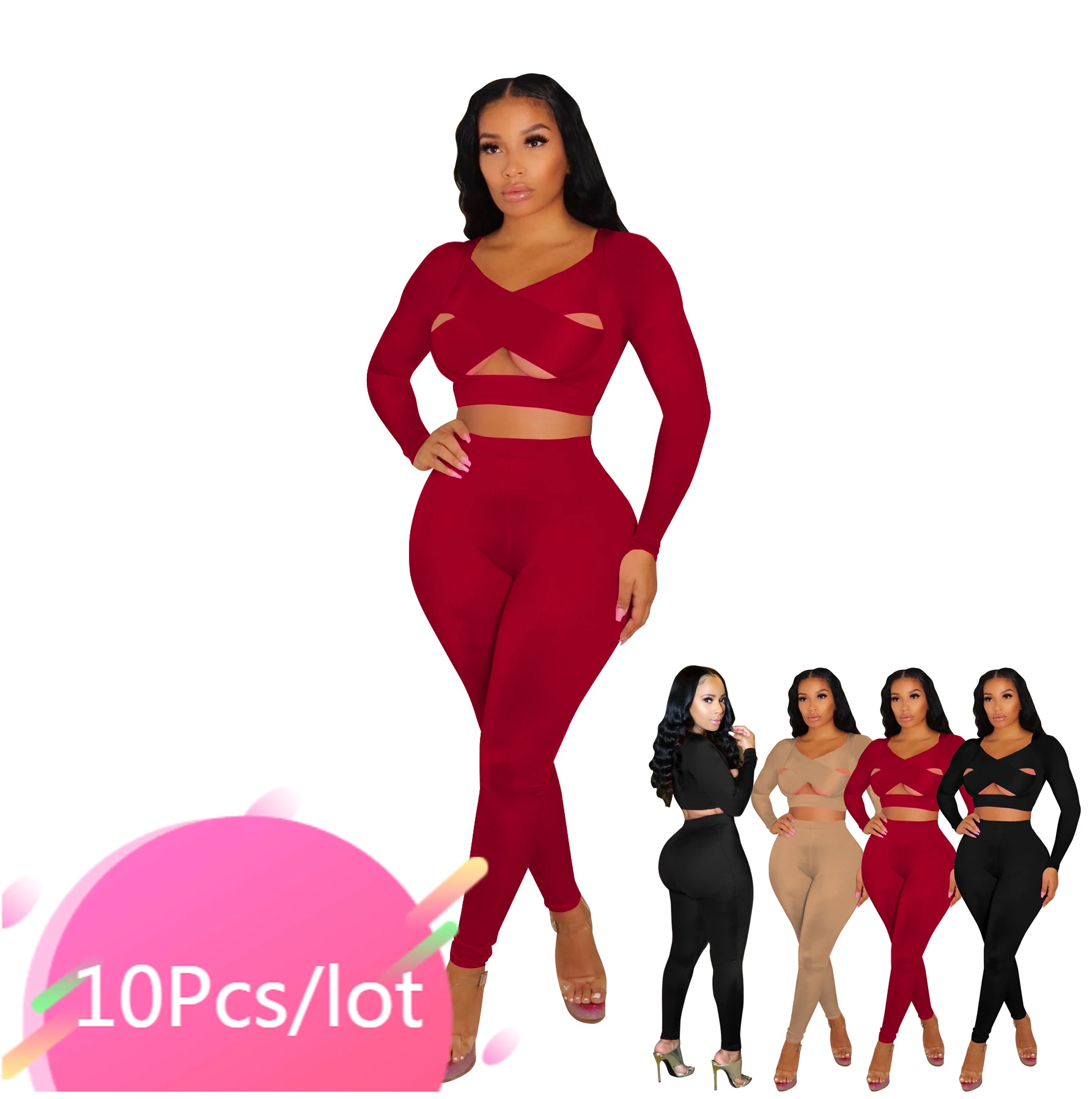 

Bulk Item Wholesale Lots Casual Two Piece Outfits for Women Solid Bandage Crop Tops Skinny Legging Sportswear Fall Matching Sets