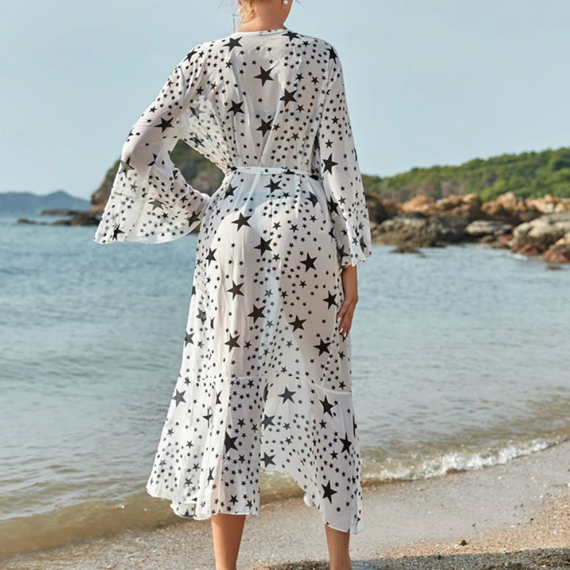 

2021 Women Swimwear Beachwear Cover Ups Stars Printing Mesh Perspective Belt Bikini Cardigan Beach Dress Summer Bathing Swimsuit
