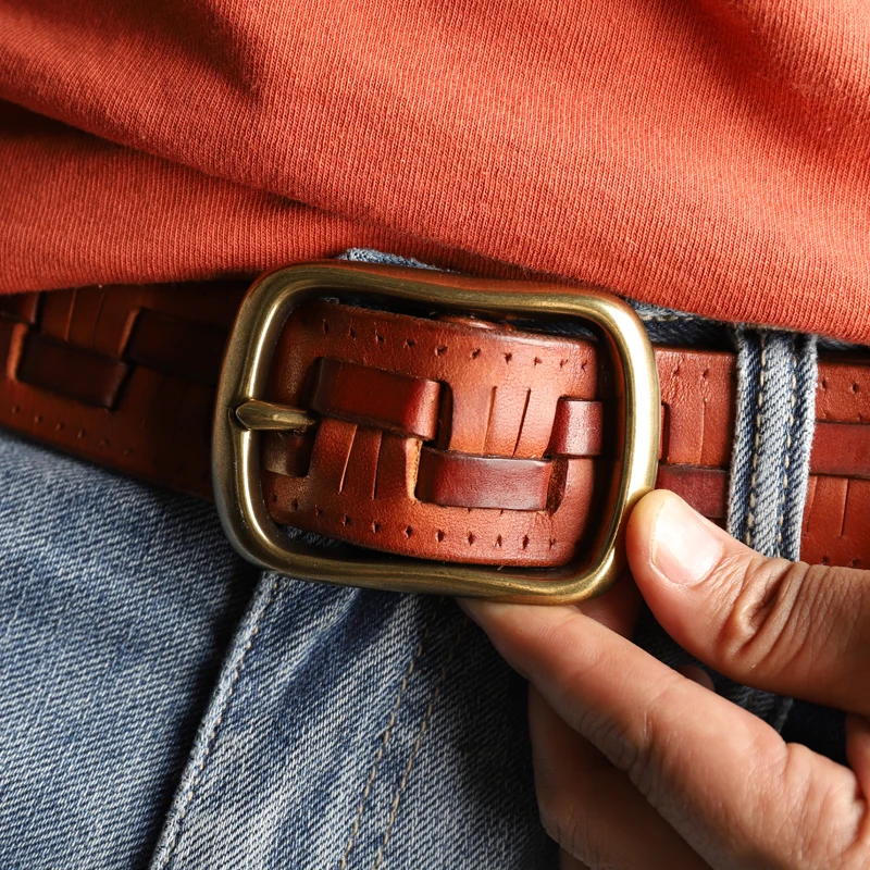 Vintage Luxury Handmade Weave Copper Buckle Leather Men's Belt High Quality Designer Cowhide Casual Jeans Soft Belt