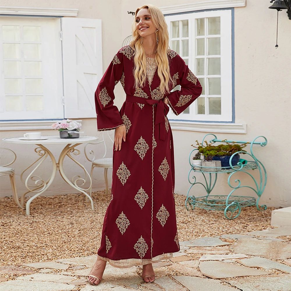 

Siskakia Muslim Women's Cardigan Robe Vintage Ethnic Gold Thread Embroidered Dubai Abaya Kimono Arabic Moroccan Islamic Clothing